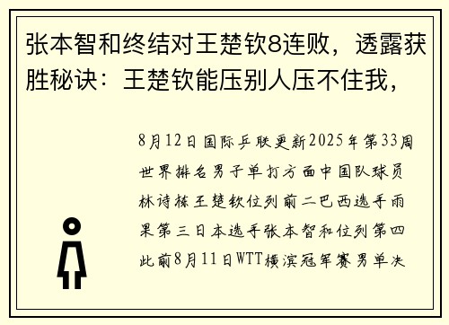 张本智和终结对王楚钦8连败，透露获胜秘诀：王楚钦能压别人压不住我，他反手失误多